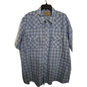 Wrangler Shirt Mens Sz 3XL‎ Blue White Plaid Pearl Snap Western Rodeo Cowboy